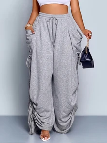 SOLERSUN Celana Panjang Wanita Abu-abu Muda dengan Tali Serut, Potongan Lebar, Kantong Samping Longgar, Pinggang Elastis, Potongan Santai, Kasual, Streetwear, Cocok untuk Kerja, Sehari-hari, dan Musim Gugur. - Grey - View 4