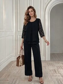 EMERY ROSE 優雅對比蕾絲 3/4 袖上衣與長褲套裝，適合中老年女性 - 黑色 - 查看 1