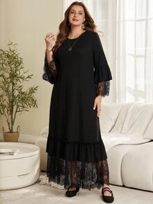 Rosumi Plus Size Women Autumn/Winter Romantic Elegant Vacation Solid Black Lace Patchwork Ruffle Hem Long Dress Formal Party Dinner Fall - Black - View 4