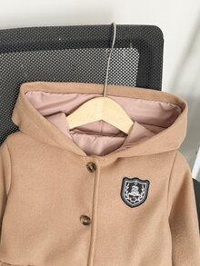 SHEIN 女童冬季外套，卡其色連帽單排扣時尚夾克，適合休閒日常穿著 - 卡其色 - 查看 3