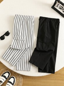SHEIN 2件組男孩休閒運動可愛日常舒適街頭風百搭印花直筒褲與黑色純色口袋工裝褲，適合外出、上學、日常聚會，春、夏、秋、冬四季皆宜 - 彩色 - 查看 8