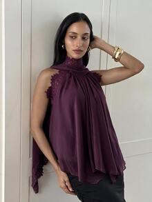 Aloruh Women's Elegant Chiffon Lace Patchwork Ruffle Collar Blouse - Purple - View 4