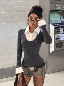 StreetHx Streetwear Women's Autumn/Winter Solid Color Casual Slimming Ribbed Y2K Shirt Patchwork Long Sleeve Sweater Top - Grey - View 1