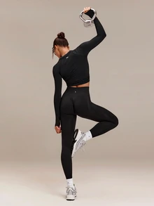 GLOWMODE Second-Skin Seamless Training Day Cropped Long Sleeve Training Top With Side Ruching & Ribbed Cuffs Training Workout Gym Fitness Fall Wear - Black - View 8