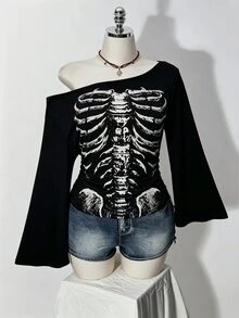 SHEIN ICON Halloween Skull Plus Size Autumn Print Asymmetric Collar Bell Sleeve T-Shirt - Multicolor - View 6