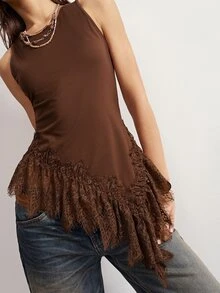 Bohemela Women's Solid Color Lace Patchwork Asymmetric Hem Tank Top - Brown - View 2