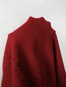 SHEIN 2 Pieces Turtleneck Sweater Set Fringe Cable Knit Asymmetrical Cape Shawl Long Sleeve Ribbed Top - Red - View 5