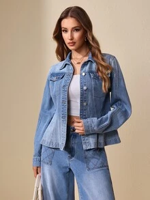 Selenza Women's Long Sleeve Single-Breasted Casual Denim Jacket - Blue - View 4