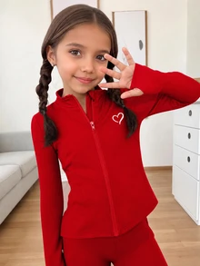 SHEIN 少女黑色修身針織休閒長袖拉鍊外套，極簡休閒彈性領口修身長袖舒適T恤 - 紅色 - 查看 1