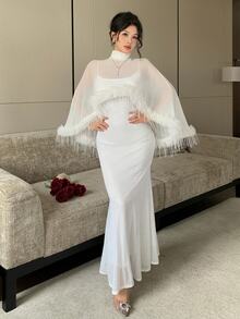 Feyla New Design High-End Luxury Fur Trim High Neck Shawl With Fish Tail Hem Cami Dress Set - White - View 5