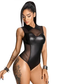AltBold 1pc PU Leather & Mesh Patchwork Jumpsuit - Black - View 4