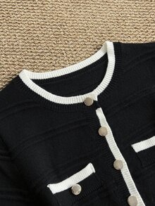 Grovea Plus Size Elegant Button Contrast Color Short Sleeve Knit Top And Mini Skirt Set - Black - View 5