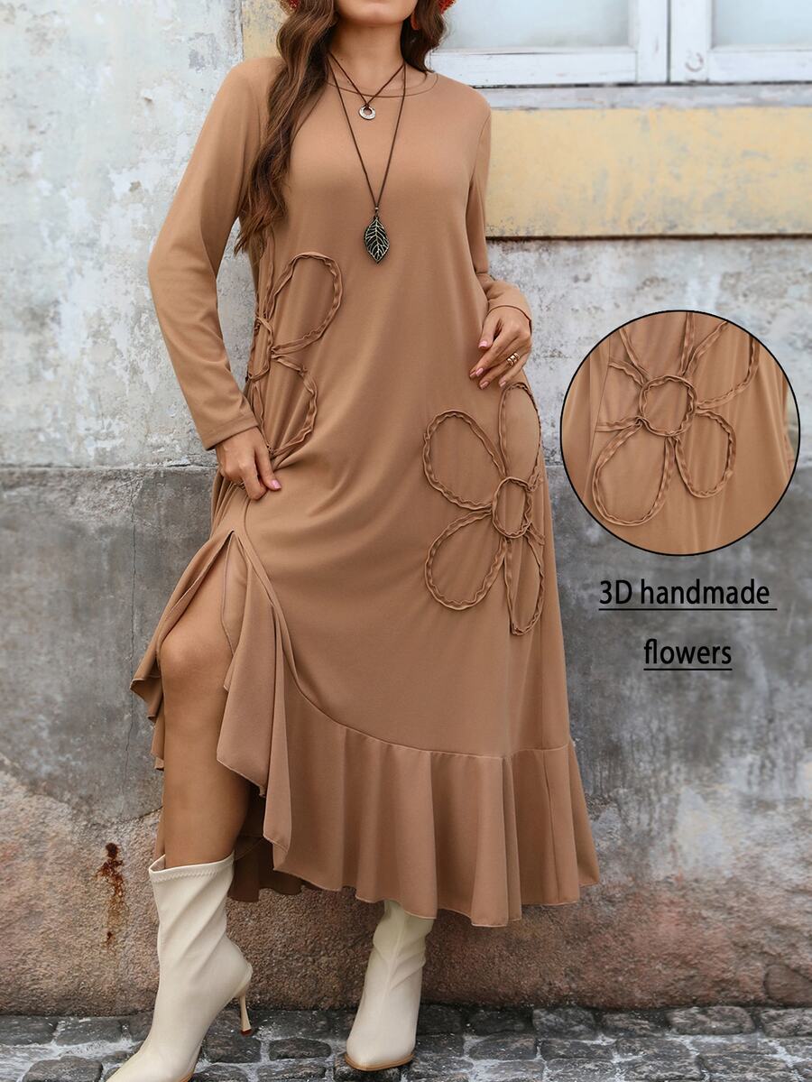 EMERY ROSE Plus Size Women Autumn/Winter Country Casual Vacation Vintage Applique Floral Long Sleeve Ruffle Hem Midi Dress,Modest Outfits,Fall,Warm,Flowy - Camel - View 1
