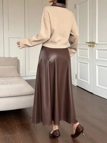 DAZY Autumn/Winter Leather Lapel Patchwork PU Leather Cardigan & Mid-Length Waist-Cinching Slimming Skirt 2pcs Set For Women, Commute, Date, Streetwear - Coffee Brown - View 2