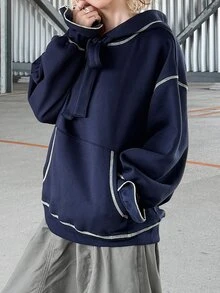 FRIFUL Women's Drop Shoulder Long Sleeve Casual Loose Hooded Sweatshirt - Navy Blue - View 7