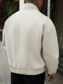 Manfinity Homme 時尚休閒夾克，側邊條紋設計，舒適柔軟，立領設計 - 米色 - 查看 2
