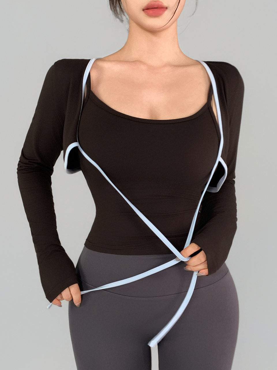 Women's Piped Front Tie 2 In 1 Long Sleeve Sports T-Shirt