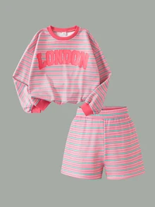 SHEIN 女童印花運動衫套裝，秋季穿搭，寬鬆圓領上衣 + 短褲，初秋新品，運動風，校園休閒粉色 - 粉色 - 查看 5