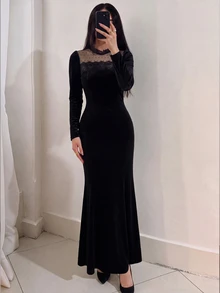 Modelyn French Style Round Neck Lace Patchwork Velvet Mermaid Dress For Women - Black - View 5