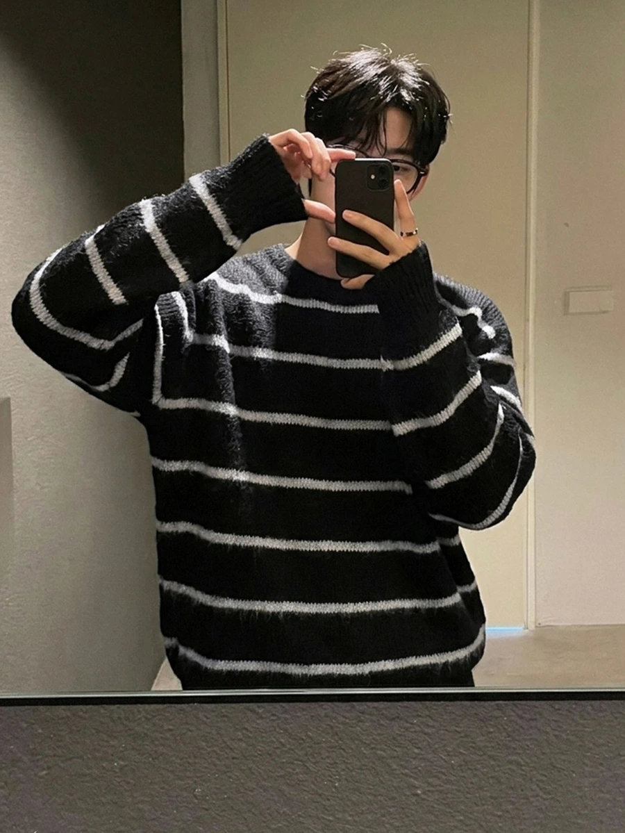 DAZY Men's Black And Silver Grey Striped Crew Neck Sweater With Ribbed Cuffs And Hem, Brushed, Autumn/Winter - Multicolor - View 1