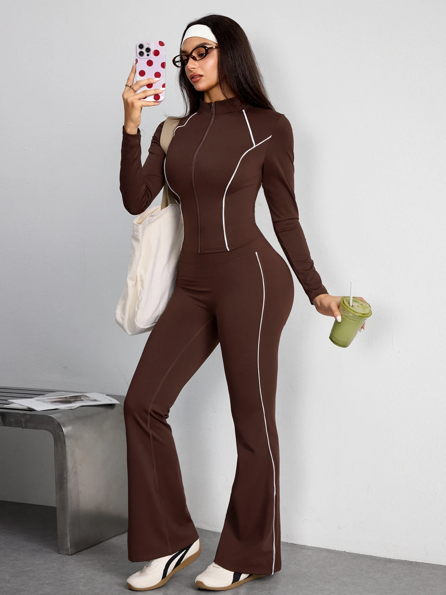 Dewbera Dewbera Women's Colorblock Trim Jacket & Flare Pants Sports Set - Brown - View 1