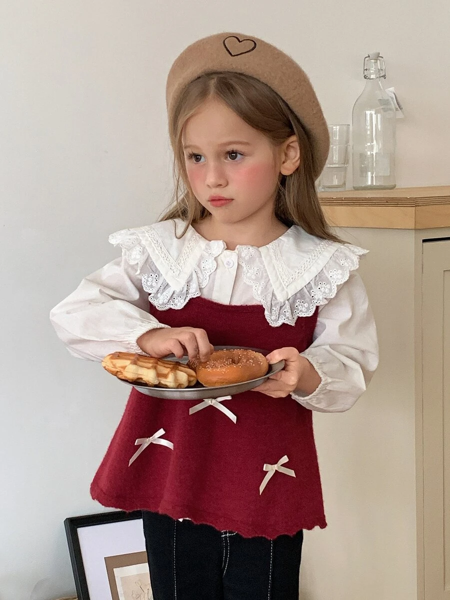 Dazy Kids Young Girl Fall Clothes Young Girl) Round Neck Striped Colorblock Sweater - Red - View 1