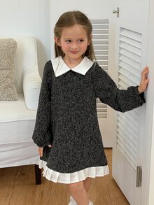 Dazy Kids Young Girl) Waist-Cinching Long Sleeve Contrast Color Lapel Princess Bow Decor Elegant Autumn Dress - Black - View 4