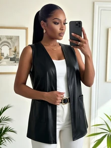 SHEIN Lady Plus Size Minimalist Versatile Pocket Jacket For Daily Wear - Black - View 4