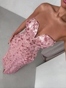 SHEIN Glamour 女款亮片時尚約會派對抹胸洋裝 - 粉色 - 查看 1