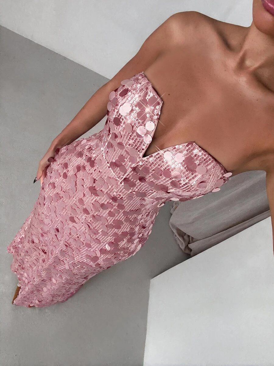 SHEIN Glamour 女款亮片時尚約會派對抹胸洋裝 - 粉色 - 查看 1