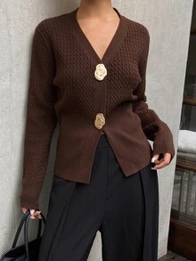 DAZY Autumn V-Neck Long Sleeve Deep Coffee Color Elegant Vintage Style Women's Cardigan Sweater - Burgundy - View 1