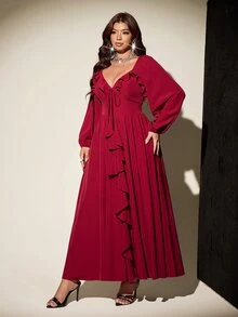 Viva Relle Plus Size French Romantic Ruffle Trim Dress, Princess Style For Party - Burgundy - View 3