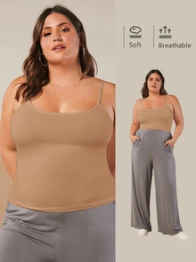 SHEIN BASICS 大尺碼純色細肩帶背心上衣 夏季女款穿搭上衣 - 卡其色 - 查看 1