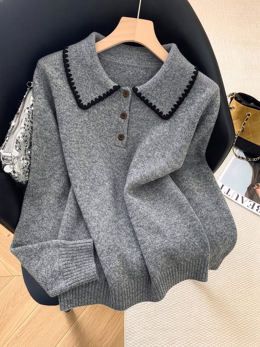 GlowEve CURVE Plus Size Women's Floral Trim Polo Collar Long Sleeve Casual Sweater - Grey - View 1