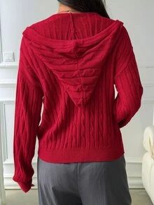 DAZY Women's Solid Color Fitted Zip-Up Long Sleeve Hooded Cable Knit Casual Vacation Spring Autumn Cardigan - Red - View 2
