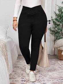 EMERY ROSE EMERY ROSE Plus Size Asymmetrical Waist Casual Daily Wear Denim Jeans,V-Crossover Waist,High-Waisted Jeggings,Workwear Pants,High-Waisted Jeggings,Halloween,Chri - Black - View 4
