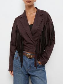 Maija Short Jacket With Fringe, Urban Style, Autumn/Winter - Brown - View 4