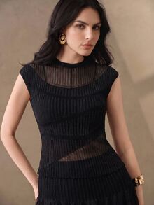 Anewsta Summer Thin Slightly Sheer Mesh Knit Skirt, High Waist Vertical Stripe Patchwork Fishtail Hem Slim Fit Long Skirt - Black - View 2