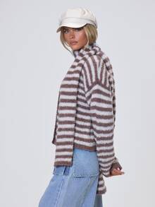 MUSERA Striped Button Up Crew Neck Cardigan With Matching Scarf Fall Autumn Winter Coolgirl Back To School Holiday Fudge - Multicolor - View 3