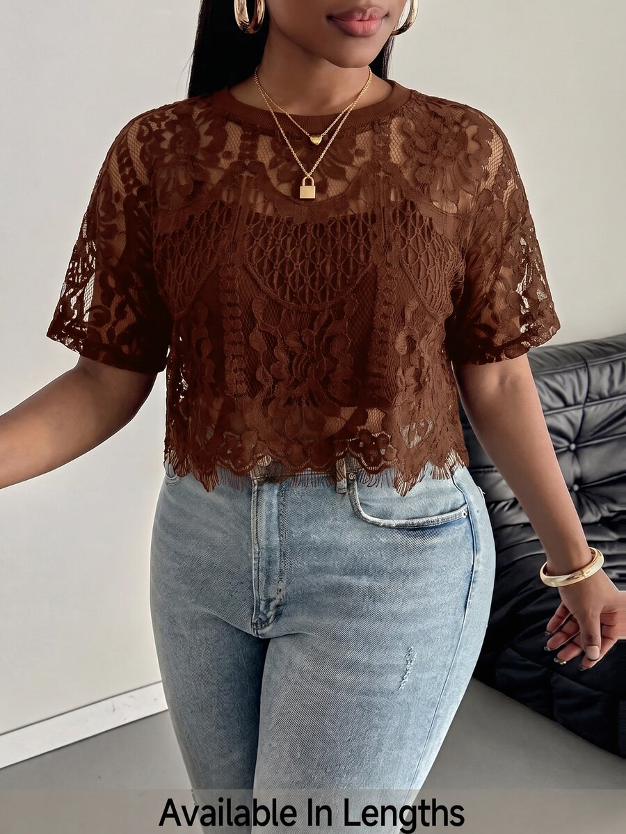 SHEIN PETITE CURVE 大尺碼女款復古性感透視蕾絲上衣 - 棕色 - 查看 1