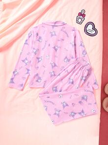 HELLO KITTY AND FRIENDS | SHEIN 少女卡通印花長袖單排扣上衣與長褲居家服套裝 - 粉色 - 查看 2
