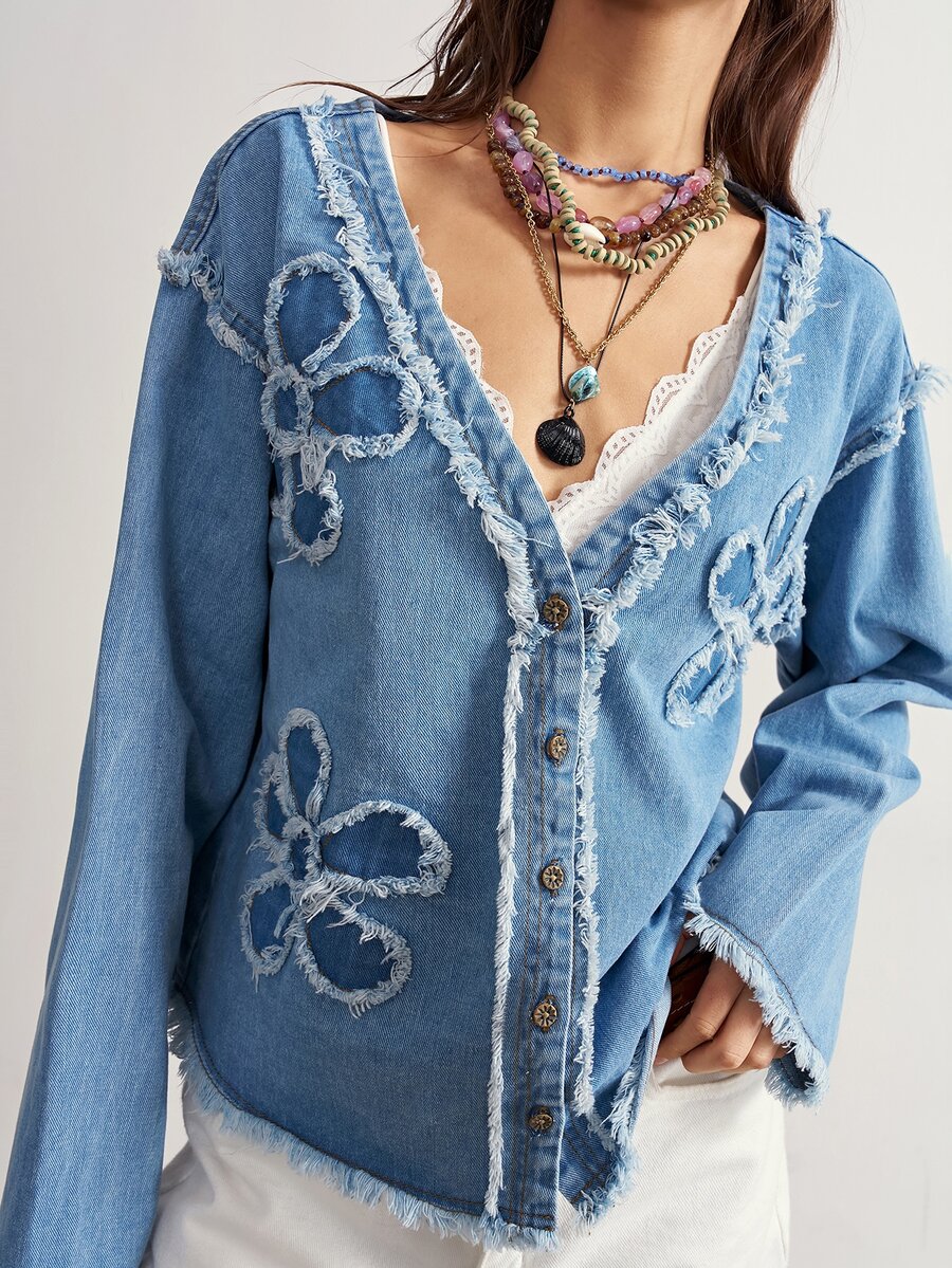 Bohemela Casual Solid Color Woven Denim Jacket For Women - Blue - View 1