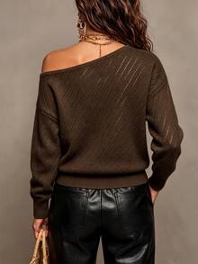 SHEIN Asymmetrical One Shoulder Knit Pullover Coffee Brown Loose Drop Shoulder Sweater For Autumn Brunch French Casual - Coffee Brown - View 2
