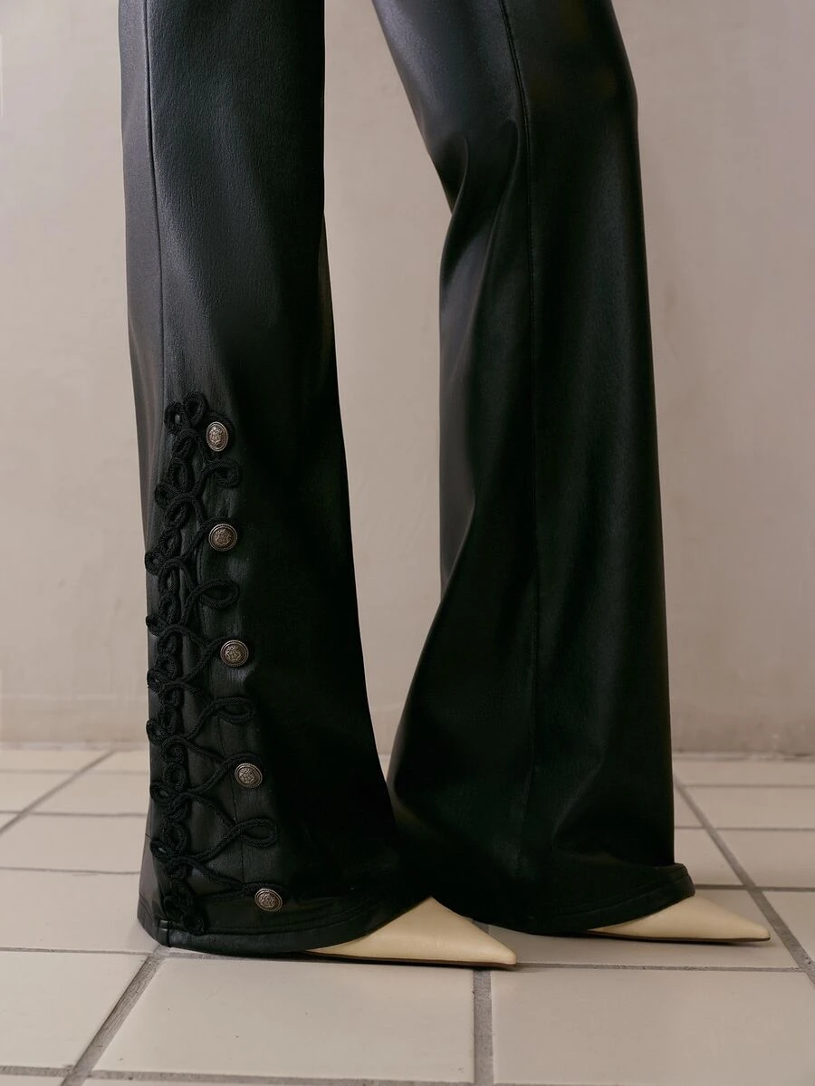 MOTF PREMIUM SLIM FIT PU LEATHER WOMEN'S LONG PANTS WITH DRAWSTRING DECORATION - Black - View 2
