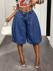 Slaydiva Plus Size Women Pleated Design Bud Denim Shorts - Blue - View 7