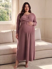 SHEIN Plus Size Long Sleeve Maternity Dress In Dusty Pink, Fuzzy Ribbed Knit, Comfortable Casual Style With Front Buttons, Nursing Friendly, Autumn/Winter - Dusty Pink - View 8