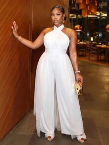 Slaydiva Plus Size Cocktail Party White Tulle Spaghetti Strap Skirt With Pockets Satin Jumpsuit - White - View 5