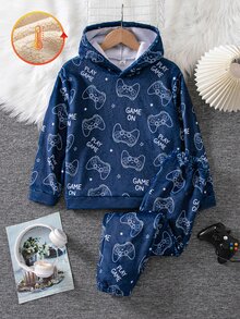 Boys Thick Flannel Hooded Home 2 Pieces Set, All-Over Print Game Controller Pattern Cuffed Long Pants Fuzzy Pajama Set - Navy Blue - View 1