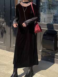 FRIFUL Women's Autumn Velvet Contrast Mesh Long Dress - Black - View 1