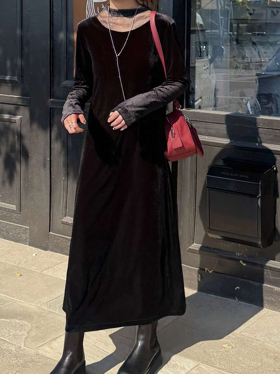 FRIFUL Women's Autumn Velvet Contrast Mesh Long Dress - Black - View 1